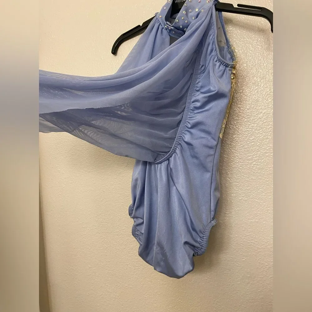 Rare Kelle dance solo costume illusion blue gold contemporary drape back LC chil